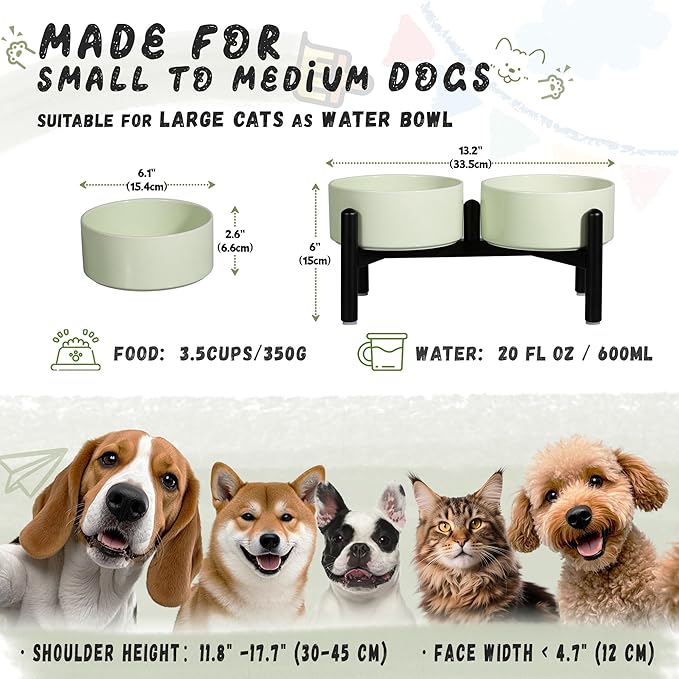 Ceramic Elevated Dog Bowl Set - Dog Feeder Station with Cute-Style Double Bowls for Small and Medium Size Breed - Non-Slip Raised Dish for Food and Water Feeding- 6 Inch - 3.5 Cups / 20 fl oz - Green