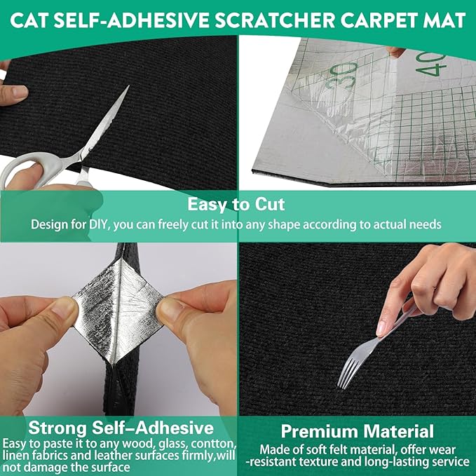 Cat Scratch Couch Furniture Protector, Trimmable Self-Adhesive Cat Scratch Carpet, DIY Climbing Cats Scratch Mat for Covering Cat Scratching Post and Wall & Door Protector from Cat Claws (Black)