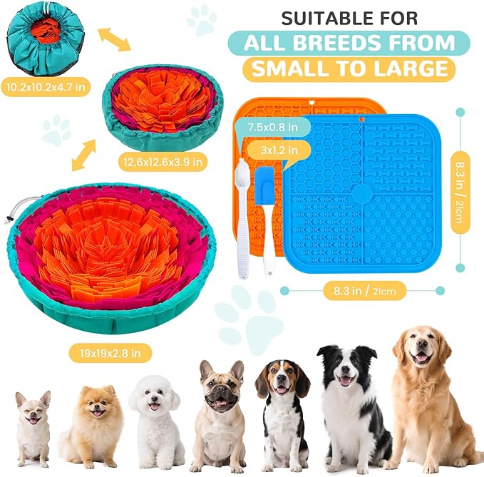 Dog Snuffle Mat and Lick Mats Set, Interactive Dog Enrichment Puzzle Toys for Puppy Small Medium Large Breed Dogs Cats, Adjustable Slow Feeder Bowl Sniff Foraging Treat Mats Mental Stimulation