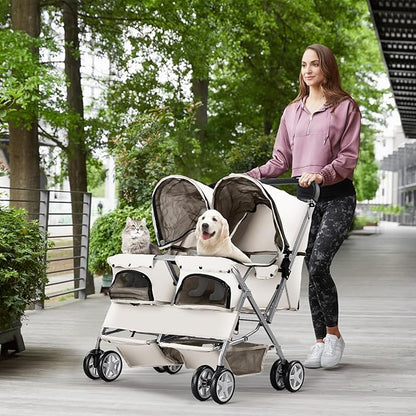 Double Pet Stroller, Foldable Stroller for 2 Dogs & Cats, Two-Seater Carrier Twin Dog Walk Jogger Travel Pet Carriage Cart with Storage, Gray