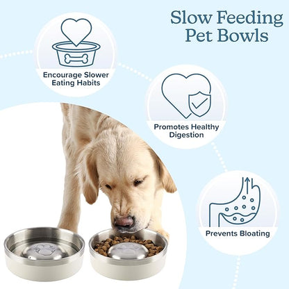Set of 2 Stainless Steel Slow Feeder Dog Bowls - 30oz or 3.75 Cups Double Wall Insulated Food and Water Bowls for Dogs - Non Slip Metal Pet Dishes for Small-Medium Sized Pets PETMAKER (Cream)