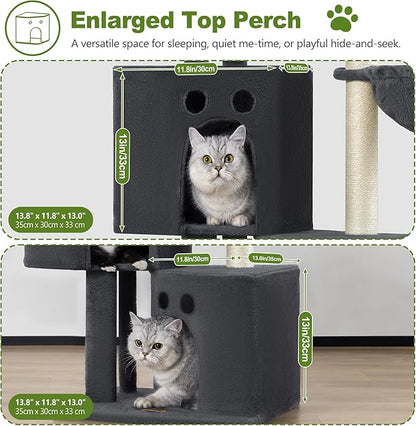 Small Cat Tree Tower for Indoor Cats, 40 In Medium Multi-Level Compact Cat House Bed with 2 Condos, Large Platform Perch, Sisal Scratching Post, Hammock, Cat Climbing Stand for Kitty kitten(Dark Grey)