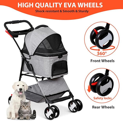 Pet Stroller 4 Wheels Dog Cat Stroller, Detachable Carrier Travel Folding Carrier for Small Medium Dog Cats (Grey)