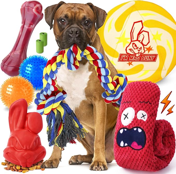 Long-Lasting Heavy Various Dog Chew Toys for Aggressive Chewers,9 Pack Indestructible Large Dog Toys Include Tug Chew & Rope Toys,Squeaky Toys for Medium&Large Breed(For Powerful Chewers-Mad Bunny）