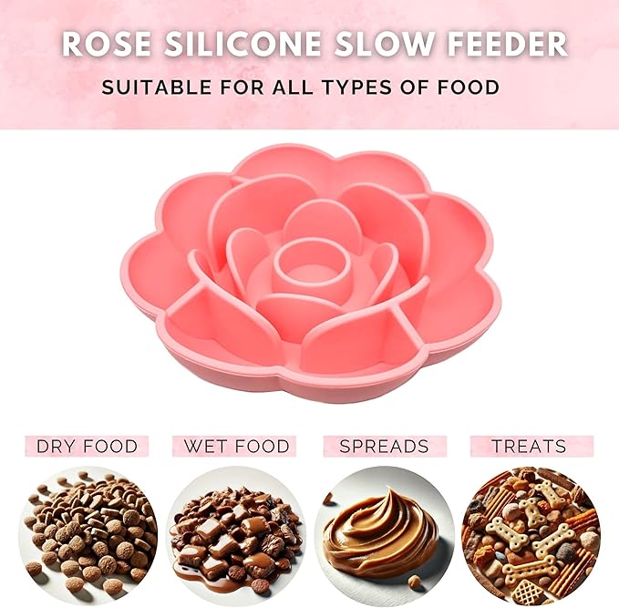 Rose Slow Feeder Dog Bowl for Medium & Large Dogs, Silicone Anti-Gulping Dog Feeder with Suction Base, Non-Slip Slow Eating Design (Pink)