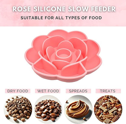Rose Slow Feeder Dog Bowl for Medium & Large Dogs, Silicone Anti-Gulping Dog Feeder with Suction Base, Non-Slip Slow Eating Design (Pink)