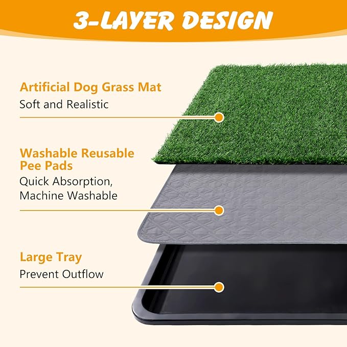 Dog Grass Pad with Tray, 35x23in Dogs Potty Tray with 2-Pack Replacement Artificial Grass and 2 Washable Reusable Pee Pads ,Dog Litter Box for Pet Training,Indoor Portable Pottys Pet Toilet