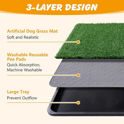 Dog Grass Pad with Tray, 35x23in Dogs Potty Tray with 2-Pack Replacement Artificial Grass and 2 Washable Reusable Pee Pads ,Dog Litter Box for Pet Training,Indoor Portable Pottys Pet Toilet