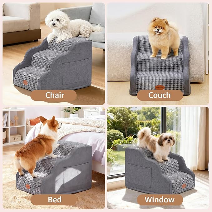 15.7”H Ramp Dog Stairs for Small Dogs, Side Armrest 3 Tier Wider Curved Pet Stairs for Couch and Beds，High-Density Foam Indoor Dog Steps with Non-Slip Bottom and Washable Cover for Old Cats