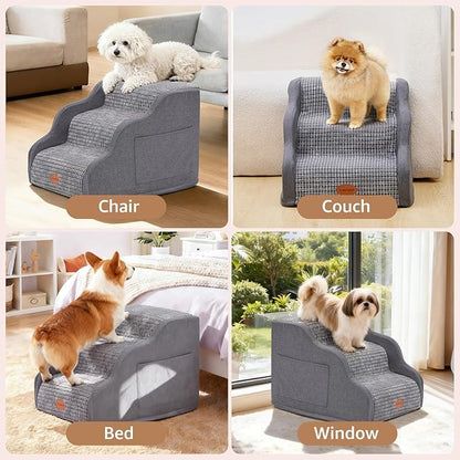 15.7”H Ramp Dog Stairs for Small Dogs, Side Armrest 3 Tier Wider Curved Pet Stairs for Couch and Beds，High-Density Foam Indoor Dog Steps with Non-Slip Bottom and Washable Cover for Old Cats