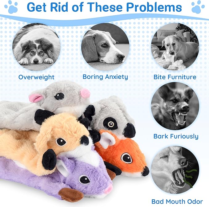 5-Pack Fluff-Free Squeaky Dog Toys - Crinkle No-Stuffing Body & Lightly Filled Head with Treat Hiden Pocket, Dog Toys Bundle for Aggressive Chewers Small Medium Large Dogs to Keep Them Busy