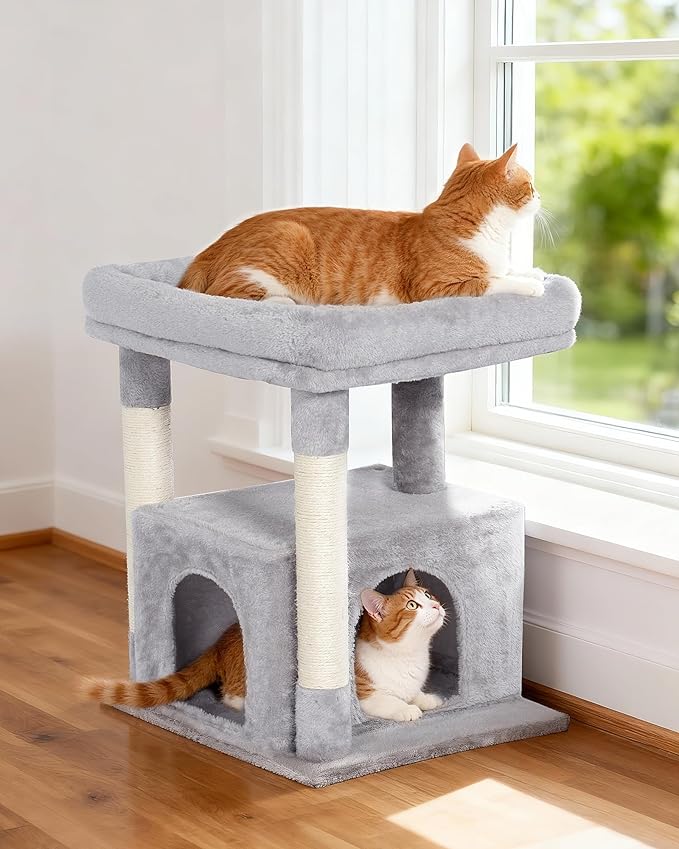Cat Tree for Large Cat, 19 * 15.8in Large Perch Bed for Adult Cats, 23.6in Cat Tower with Scrathing Post, Cat Condo with 2-Door for Indoor Cats, Light Gray