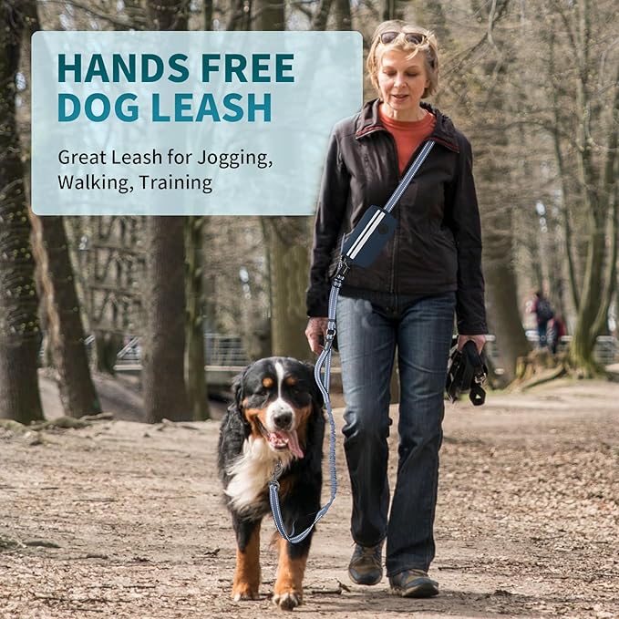 Hands Free Dog Leash with Removable Zipper Pouch, Dual Padded Handles and Durable Bungee for Walking, Jogging and Running-Your Dog (Large, 35-140 lbs Navy Blue