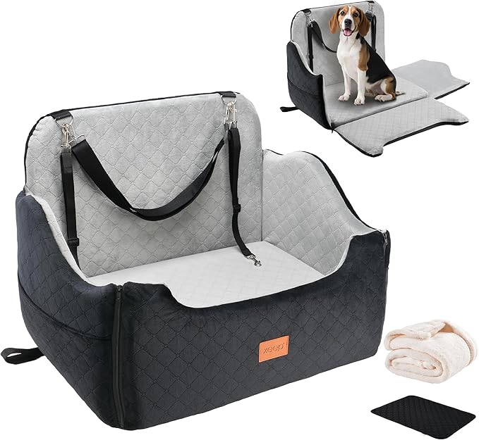 XEEP Dog Car Seat for Medium/Large Dogs Up to 55 lbs – Dog Booster Seat with Memory Foam, 2 Height-Adjust Cushions Bonus Urine Pad & Blanket Safety Leashes, Removable Washable Cover (Black/Grey)