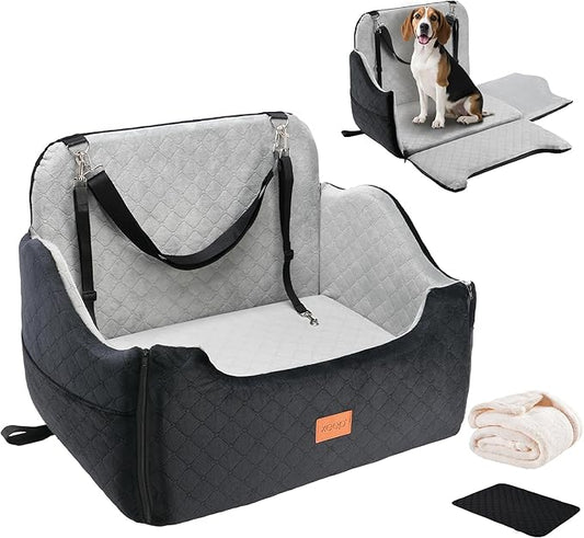 XEEP Dog Car Seat for Medium/Large Dogs Up to 55 lbs – Dog Booster Seat with Memory Foam, 2 Height-Adjust Cushions Bonus Urine Pad & Blanket Safety Leashes, Removable Washable Cover (Black/Grey)