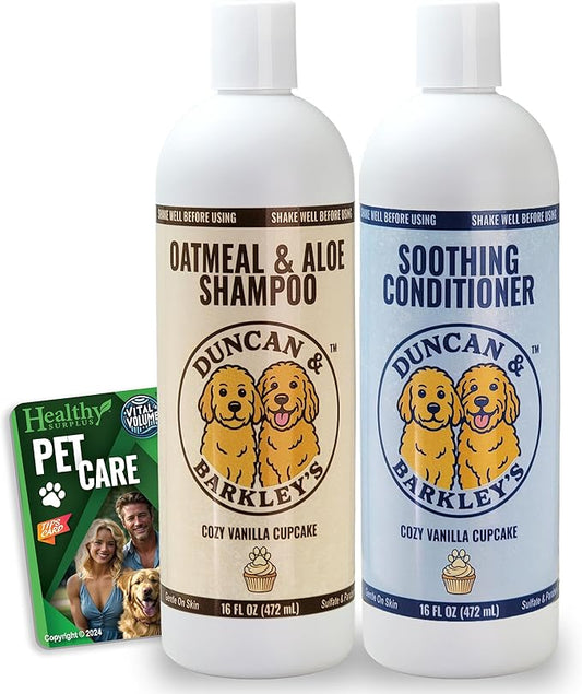 Duncan & Barkley’s Oatmeal & Aloe Dog Shampoo and Conditioner 16 Oz Bottles - Cozy Vanilla Cupcake Scent, Gentle Pet Wash for Sensitive Skin and Vital Volumes Tips Card - Bundle