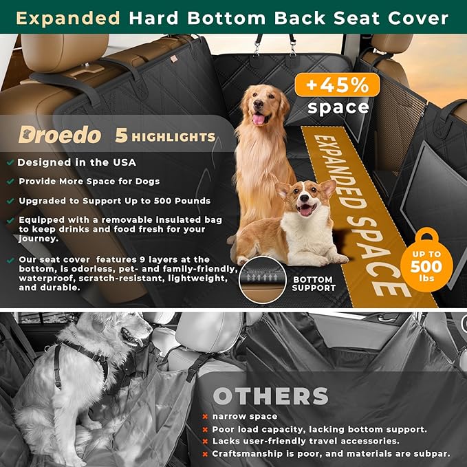 Hard Bottom Car Seat Cover for Dogs,Holds up to 500lbs,Waterproof Back Seat Extender for Dogs,Large Dog Hammock for Car SUV Truck,Dog Car Seat Cover with Travel Cooler Bag,Designed in The USA