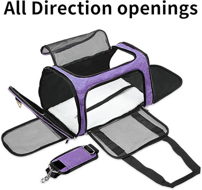 Soft-Sided Cat/Dog/Pet Carrier, Collapsible Pets Travel Carriers for Big Cats/Small Dogs with Shoulder Strap & Removable Mat, Mesh Puppy Carry Bag, Up to 16 Lbs, TSA Airline Approved(Purple)