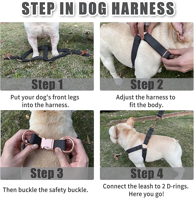 Soft Leather No Pull Dog Harness - Adjustable Step in Dog Harness with Rose Gold Heavy Duty Metal Buckle, Freedom Nylon Dog Halter Vests for Small Medium Large Dogs Easy Walking Training (Black,S)