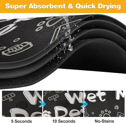 Pet Feeding Mat,Dog Cat Mat for Food and Water,Dog Bowl Waterproof Placemat with Rubber Backing,Absorbent Quick Dry Water Dispenser Mat for Pet（Black 16"×24"）