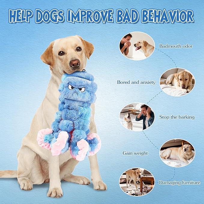 Tough Octopus Dog Toy, Interactive Squeaky & Crinkle Tug of War Toy for Aggressive Chewers, Large Durable Plush Chew Toys to Keep Dogs Busy- Crinkle Octopus, Large (Blue)
