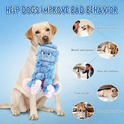 Tough Octopus Dog Toy, Interactive Squeaky & Crinkle Tug of War Toy for Aggressive Chewers, Large Durable Plush Chew Toys to Keep Dogs Busy- Crinkle Octopus, Large (Blue)