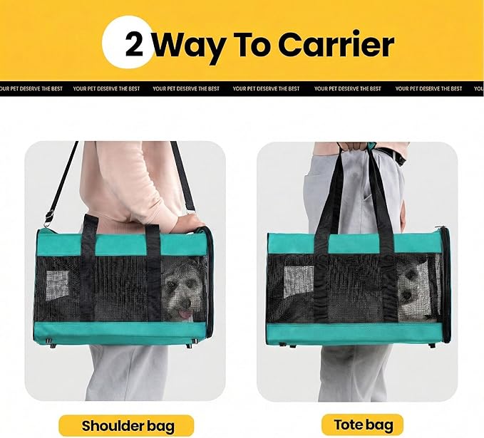 Dog Carrier Soft Sided, Large Cat Carrier with Inner Safety Leash, Pet Transport Carrier for Large Cats and Medium Dogs up to 20 Lbs, Collapsible Travel Puppy Carrier Bag -Turquoise L