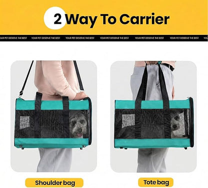 Dog Carrier Soft Sided, Large Cat Carrier with Inner Safety Leash, Pet Transport Carrier for Large Cats and Medium Dogs up to 20 Lbs, Collapsible Travel Puppy Carrier Bag -Turquoise L