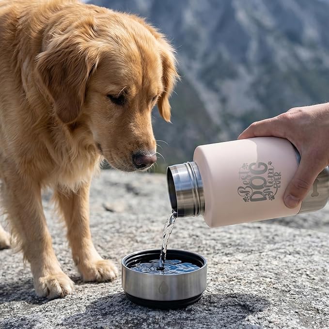 32oz Insulated Dog Water Bottle Dispenser, 3-in-1 Stainless Steel Travel Cup with 2 Detachable Food and Water Bowls, Leak Proof Large Pet Gear, Dog Mom Gift for Dog Lovers