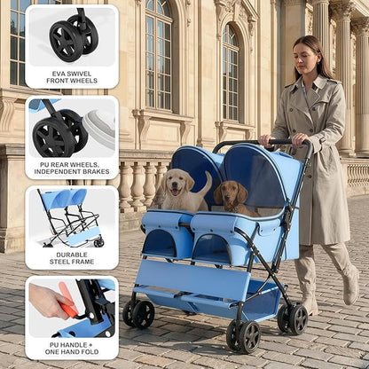 MoNiBloom Double Pet Stroller for 2 Small and Medium Dogs/Cats - 4-Wheel Foldable Design with One-Hand Quick Fold, 44 lbs Total Capacity, Adjustable Canopy & Dual Storage Baskets