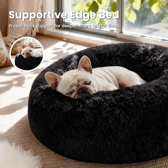 Love's cabin Calming Cat Bed for Indoor Cats,Anti-Anxiety Donut Round Dog Bed,Fluffy Faux Fur Washable Pet Bed for Small Medium Dogs and Cats,Black,20in