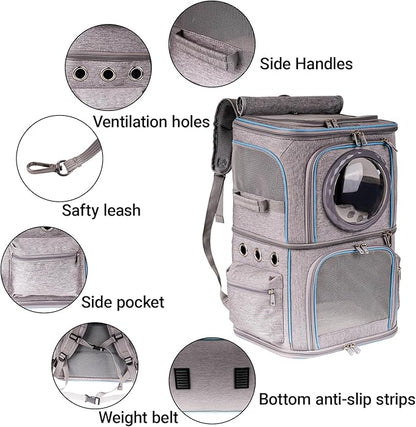 2-in-1 Pet Carrier Backpack for Two Cats or One Dog, Double-Layer 2 Compartment Carry Bag to Transport Small Animals Traveling and Hiking, Space Capsule Clear Bubble Dome