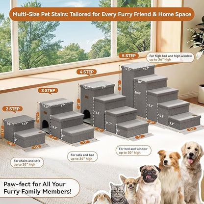 Dog Stairs 18" H, 3-Step Wider Dog Steps for High Beds Couch, Folding Storage Pet Stairs Gift for Small/Medium/Large Old Dogs Cats, Ramp for Climbing Car Up to 200 lbs, (Gray, with Condo)