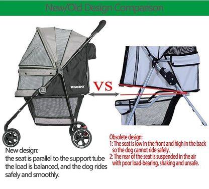 ROODO Escort 3 Wheel Dog Cat Pet Stroller for Small/Medium Dogs Cats Best Lightweight Foldable Portable Compact Jogger All Terrain Travel Pet Gear System Puppy Doggie Bunny Kitty Stroller(Grey)