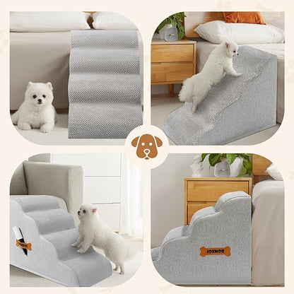 Romrol Dog Stairs Ramp for Beds Couches, Extra Wide Pet Steps with Durable Non-Slip Waterproof Fabric Cover, Dog Slope Stairs for Small Dogs and Cats or Pets Friendly, 4-TiersLight Grey