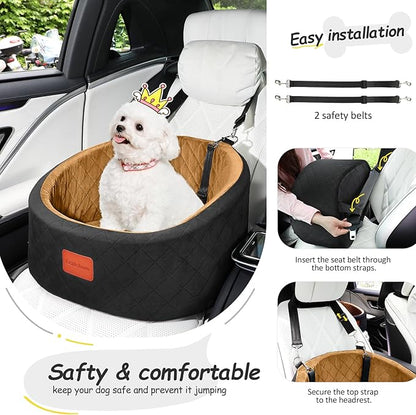 Lealchum Dog Car Seat for Small Dogs Up to 30 Lbs,Ultra Soft Fabric Fill in Comfy Memory Foam,Happy Pet Ride,2 Safety Dog Leashes,Fully Detachable and Washable,Anti Slip Base(Black/Coffee)