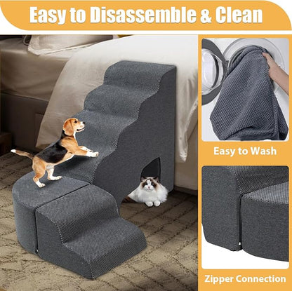 Dog Stairs for High Beds up to 30-36inch, A.FATI 6 Tiers Dog Steps Pet Stairs Adjust to Left Side of Bed, Non-Slip Pet Ramp for Small Dogs/Old Pets