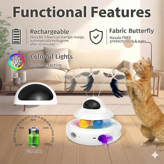 Interactive Cat Toys for Indoor Cats,4-in-1 Automatic Kitten Toy with Laser, Fluttering Butterfly, Moving Feather & Track Balls, USB Rechargeable Self-Play Electronic Toy for Kittens & Adults