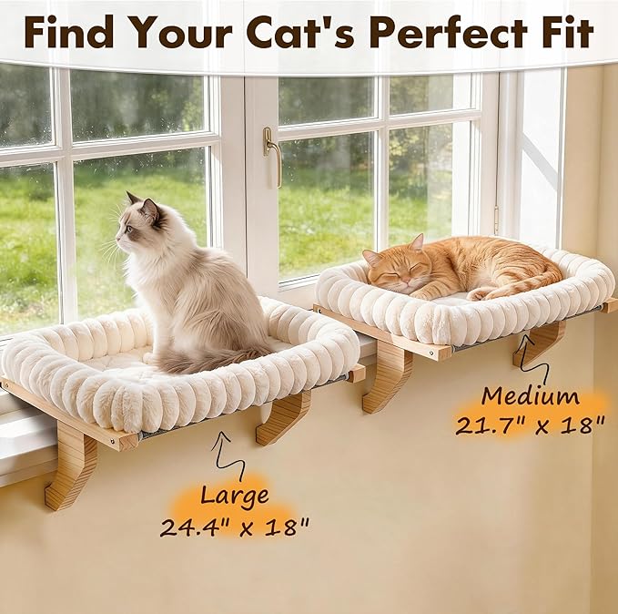 Cloud-Cuddle Cat Perch for Window Sill with Bolster, Natural Wood & Metal Frame Cat Window Seat for Large Cats, Easy to Adjust Zipper Cushion Pet Bed for Windowsill (Medium)