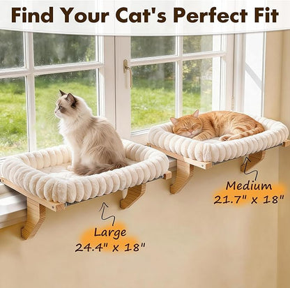 Cloud-Cuddle Cat Perch for Window Sill with Bolster, Natural Wood & Metal Frame Cat Window Seat for Large Cats, Easy to Adjust Zipper Cushion Pet Bed for Windowsill (Medium)