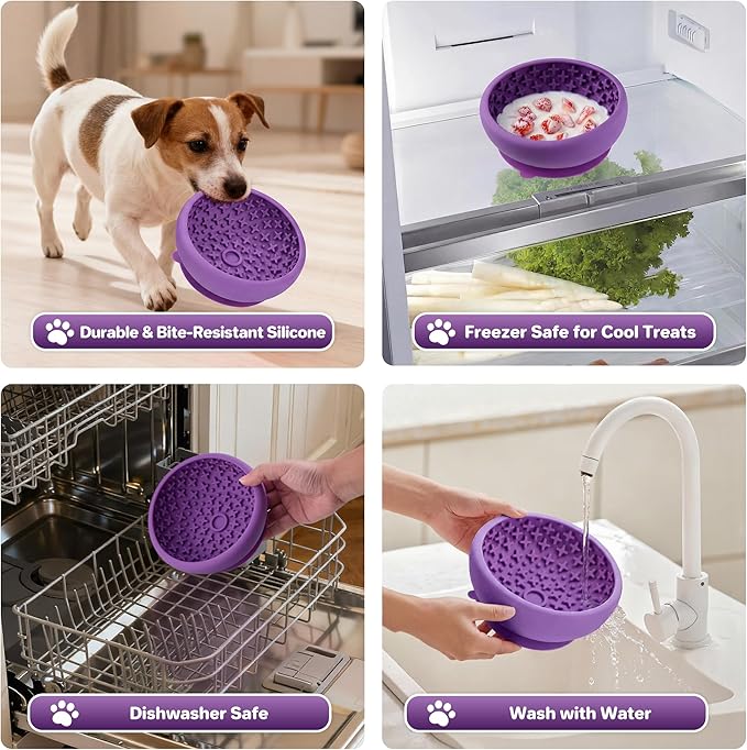 Dog Lick Bowl Slow Feeder with Slanted Anti-Spill Design, Extra-Thick Bite-Resistant Rim, Strong Suction Base, Freezer Safe for Frozen Treats — A Cleaner Alternative to Lick Mats for Dogs (Purple)