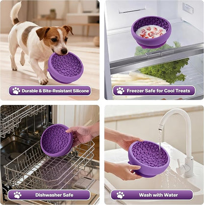 Dog Lick Bowl Slow Feeder with Slanted Anti-Spill Design, Extra-Thick Bite-Resistant Rim, Strong Suction Base, Freezer Safe for Frozen Treats — A Cleaner Alternative to Lick Mats for Dogs (Purple)