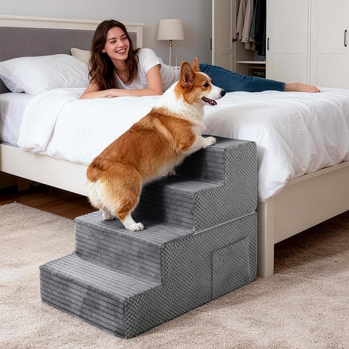 Dog Stairs for Small Dogs, 3-Step Dog Ramp for Bed 13.7" H, Dogs Steps for Bed, Couch, Pet Stairs with Non-Slip Bottom Design,High Density Foam Portable Pet Steps, Grey