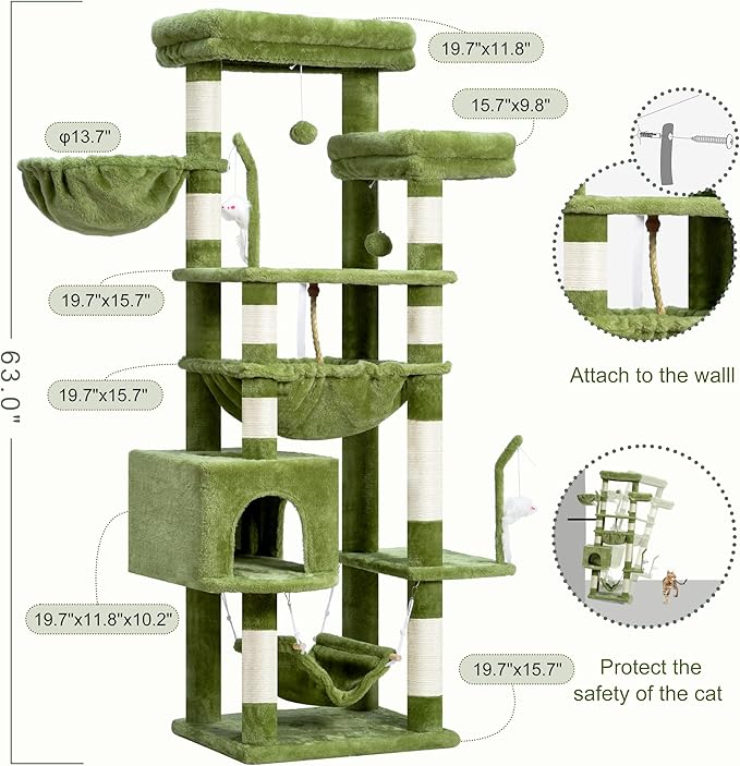 Cat Tree, Cat Tower for Large Cats with 2 Big Platforms, 2 Baskets, condo and Toys, 63" Cat Scratching Posts for Indoor Cats, Green GCT020GR