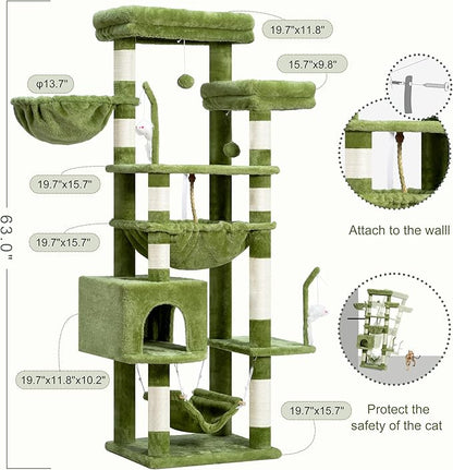 Cat Tree, Cat Tower for Large Cats with 2 Big Platforms, 2 Baskets, condo and Toys, 63" Cat Scratching Posts for Indoor Cats, Green GCT020GR