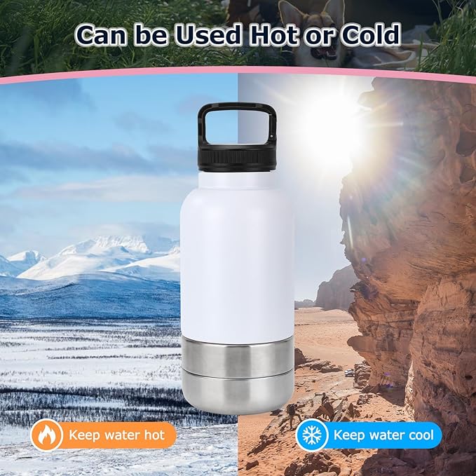 Dog Travel Water Bottle, 3 in 1 Stainless Steel Insulated Dog Water Bottle for Dogs, Portable Travel Dispenser with 2 Removable Bowls for Walking, Hiking, Camping, Outdoor (White, 32OZ)