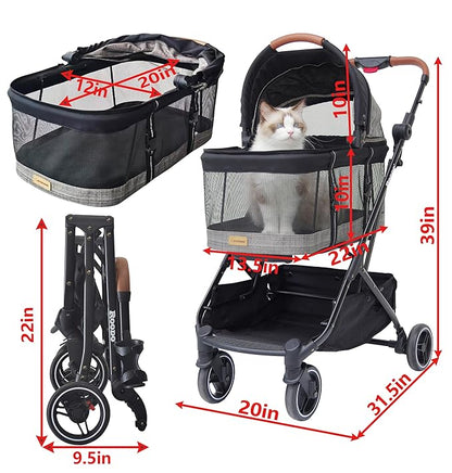 ROODO 2026 Upgraded Version 3-in-1 Dog Cat Stroller with Detachable Carrier Folding Lightweight Portable Travel Pet Gear All-Terrain Puppy Doggie Kitty Bunny Stroller for 35 lbs(Grey Lattice)
