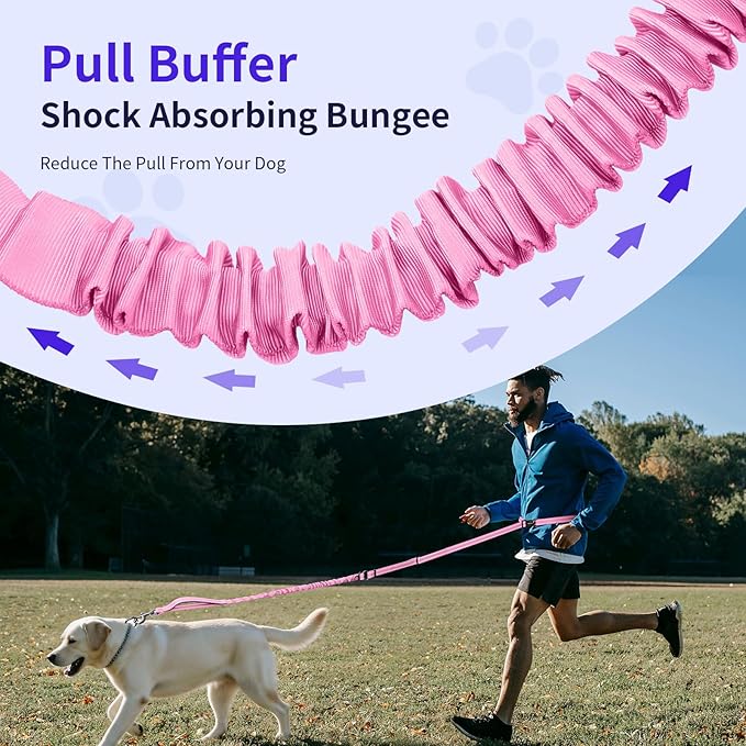 Kazazoo Hands-Free Dog Leash with 5.5-8.5FT Adjustable Length - Heavy Duty No Pull Bungee Design, Reflective Safety for Walking, Jogging & Training | Suitable for Medium to Large Dogs,M Size-Pink
