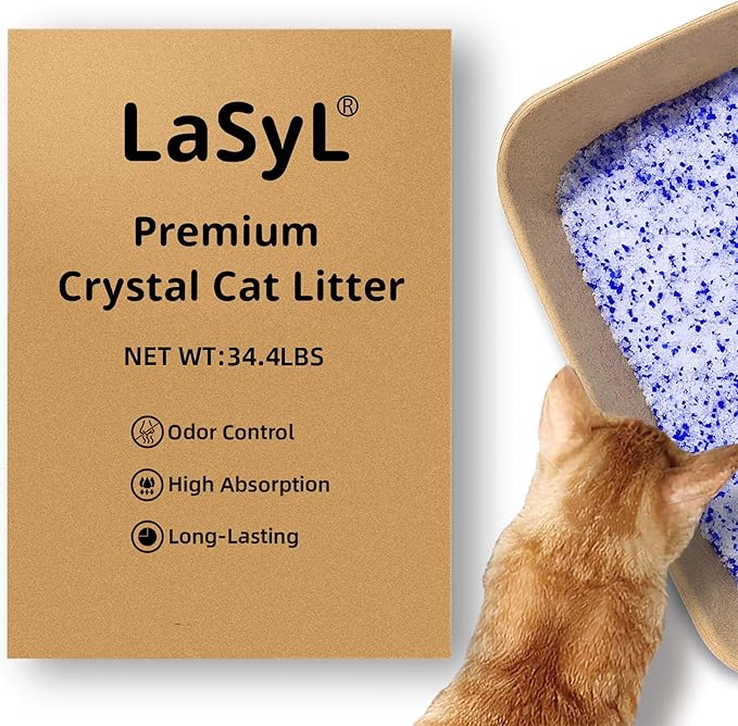 LaSyL Crystal Cat Litter for Multi-Cat Households - 34.4 lb Silica Gel, 30-Day Odor Control, 99.9% Dust-Free Non-Clumping Low Tracking Lightweight Unscented Formula (8 Bags x 4.3lb)