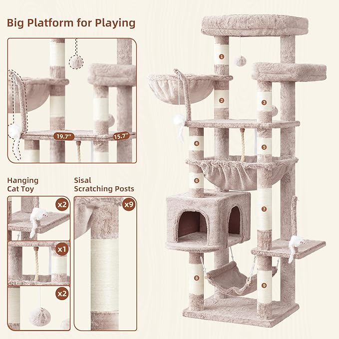 Cat Tree, Cat Tower for Large Cats with 2 Big Platforms, 2 Baskets, condo and Toys, 63" Cat Scratching Posts for Indoor Cats, Muchroom GCT020MU